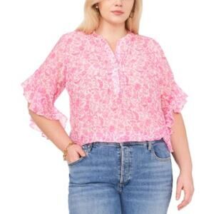 Vince Camuto Plus Size Printed Split-Neck Flutter Sleeve Top in Hot Pink